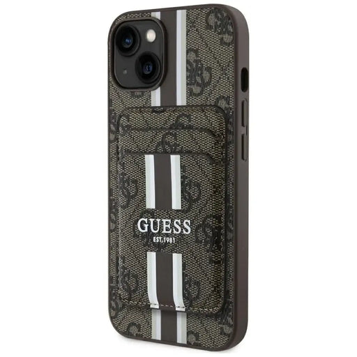 Калъф Guess 4G Stripes с портфейл Magsafe за iPhone 15 кафяв