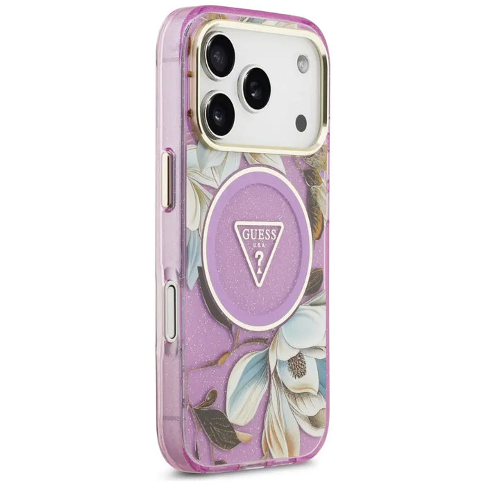 Калъф Guess IML Glitter Flowers Triangle MagSafe за iPhone