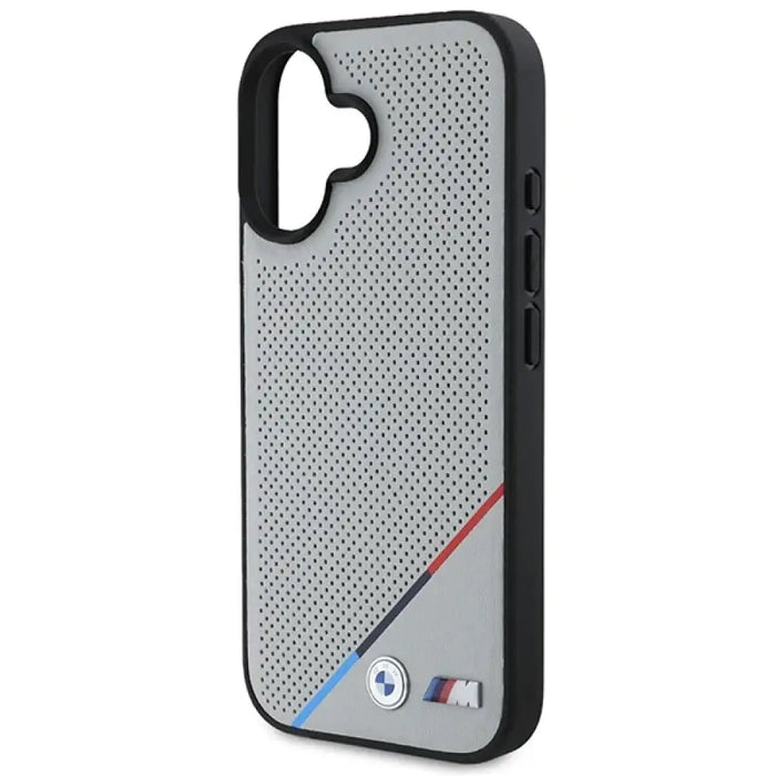 Калъф BMW M Perforated Tricolor Line MagSafe iPhone 16 - сив