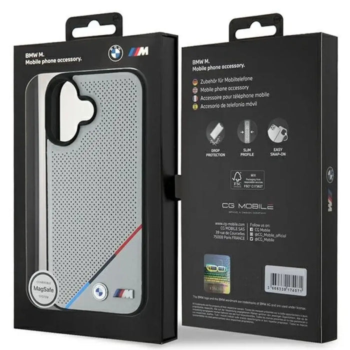 Калъф BMW M Perforated Tricolor Line MagSafe iPhone 16 - сив