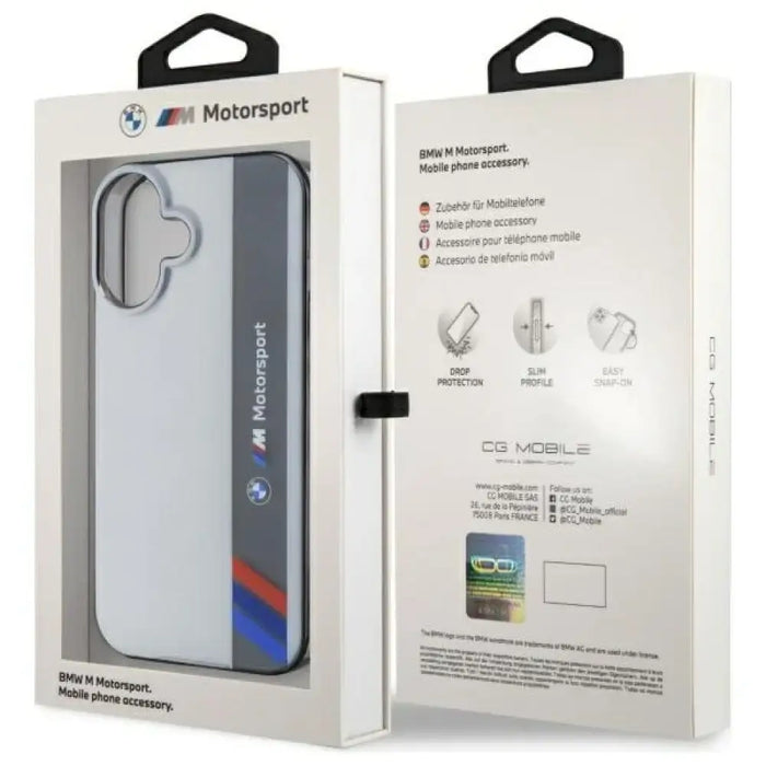 Калъф BMW Motosport IML Vertical Stripe iPhone 16 Plus - сив