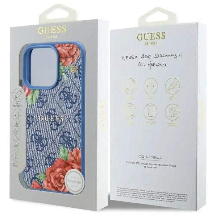 Калъф Guess 4G Flowers Print MagSafe за iPhone 16 Pro - син