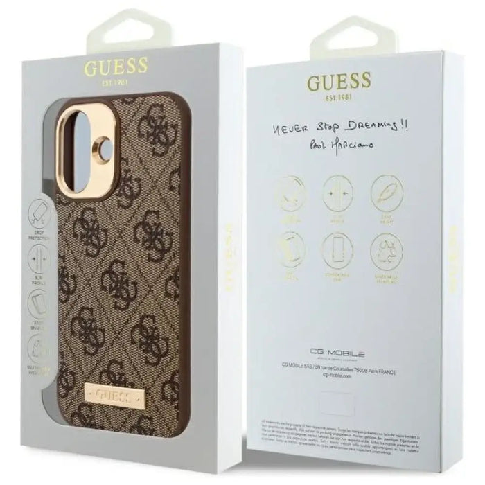 Калъф Guess 4G Logo Plate MagSafe iPhone 16 Plus - кафяв