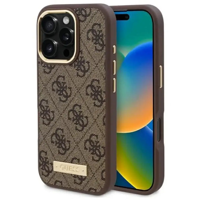 Калъф Guess 4G Logo Plate MagSafe iPhone 16 Pro - кафяв