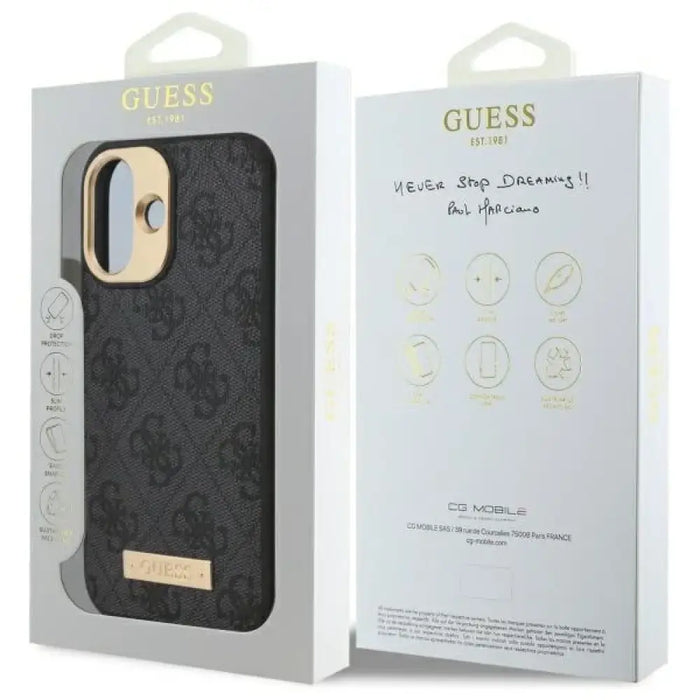 Калъф Guess 4G Logo Plate MagSafe за iPhone 16 Plus - черен