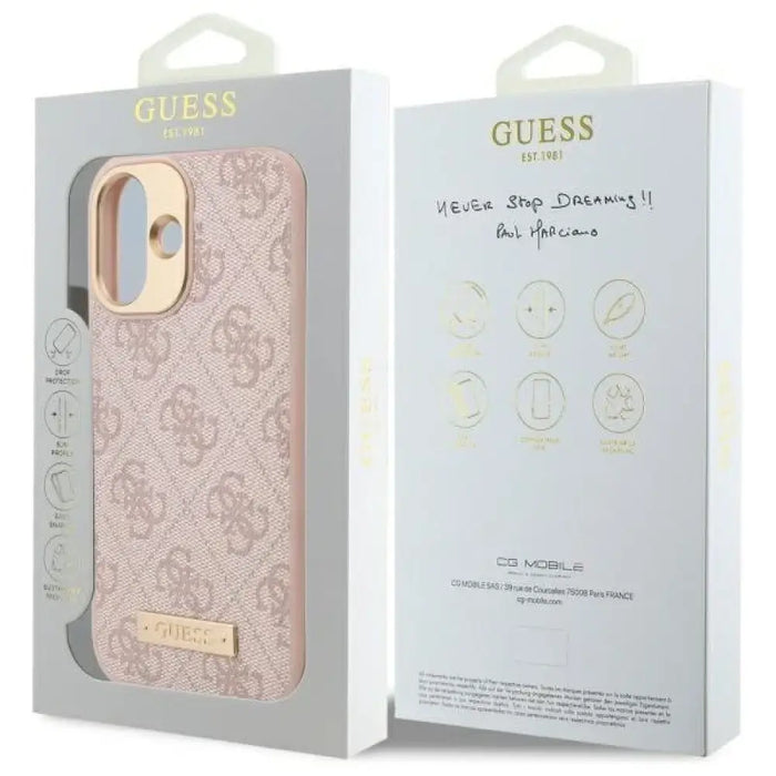 Калъф Guess 4G Logo Plate MagSafe за iPhone 16 Plus - розов