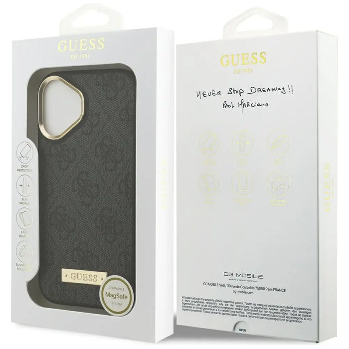 Калъф Guess 4G Logo Plate MagSafe за iPhone 17 - черен