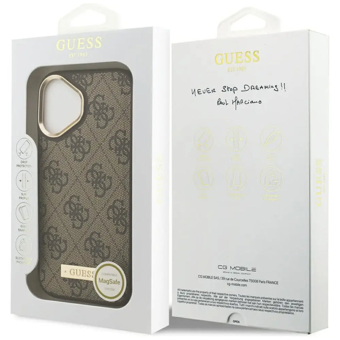 Калъф Guess 4G Logo Plate MagSafe за iPhone 17 - кафяв
