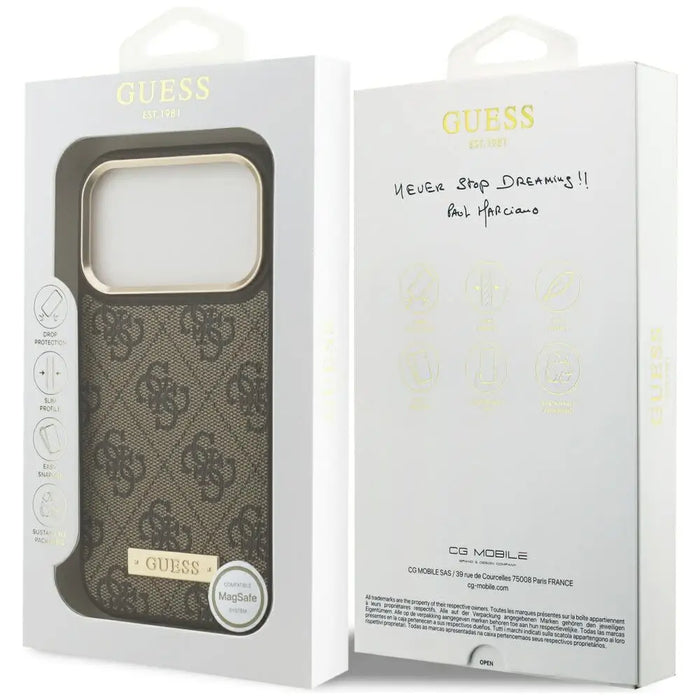 Калъф Guess 4G Logo Plate MagSafe за iPhone 17 Pro - кафяв