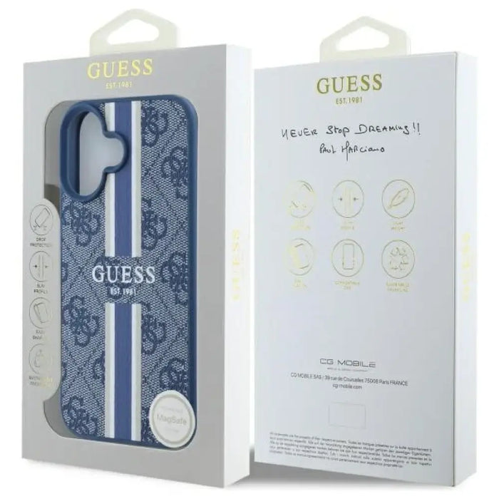 Калъф Guess 4G Printed Stripes MagSafe за iPhone 16 - син