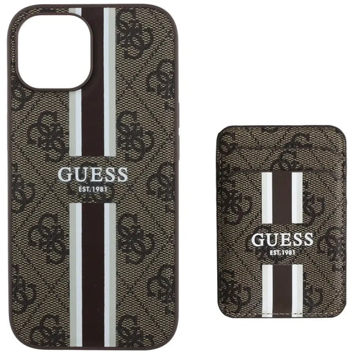 Калъф Guess 4G Stripes с портфейл Magsafe за iPhone 15 кафяв