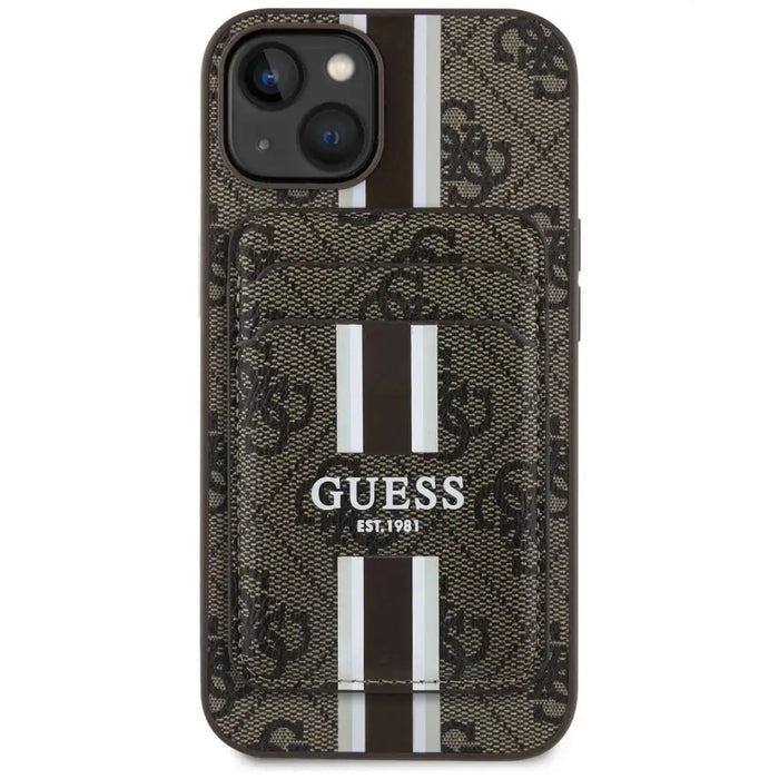 Калъф Guess 4G Stripes с портфейл Magsafe за iPhone 15 кафяв