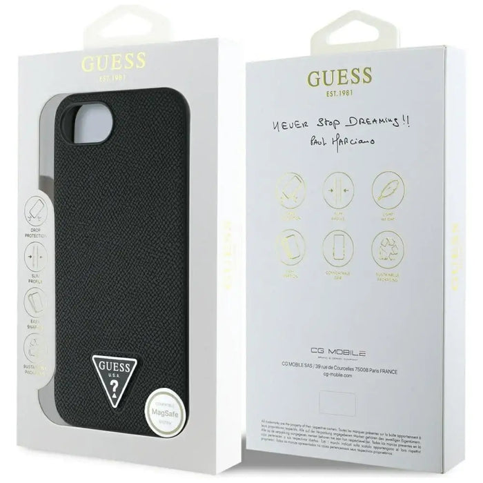 Калъф Guess Grained Triangle MagSafe за iPhone 16e - черен