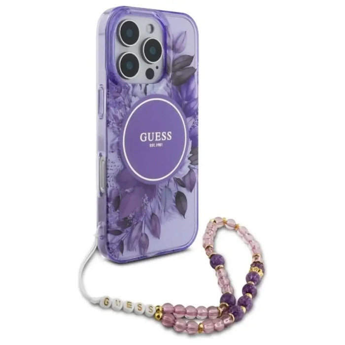 Калъф Guess IML Flowers With Pearl Strap MagSafe за iPhone