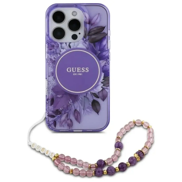 Калъф Guess IML Flowers With Pearl Strap MagSafe за iPhone