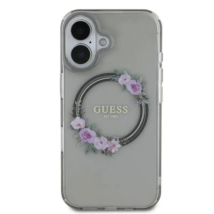 Калъф Guess IML Flowers Wreath MagSafe за iPhone 16 - черен
