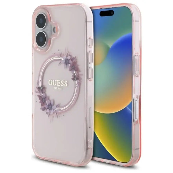 Калъф Guess IML Flowers Wreath MagSafe за iPhone 16 - розов
