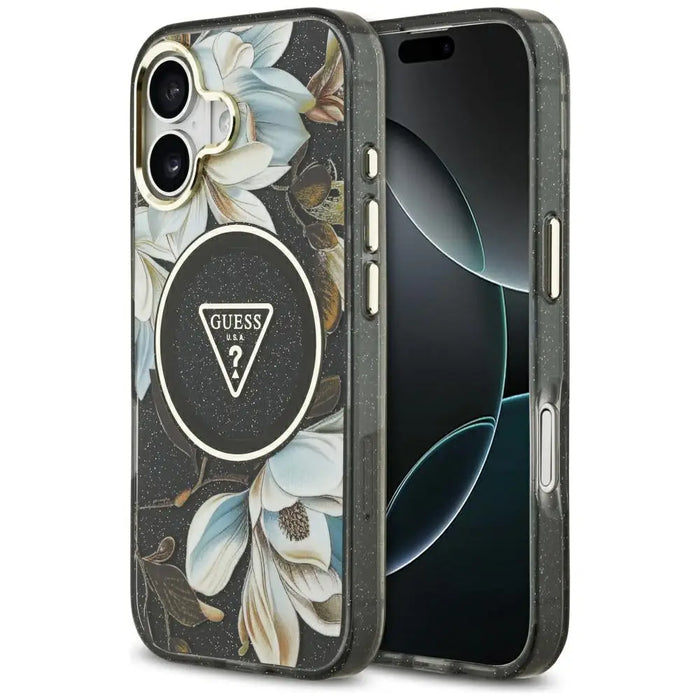 Калъф Guess IML Glitter Flowers Triangle MagSafe за iPhone