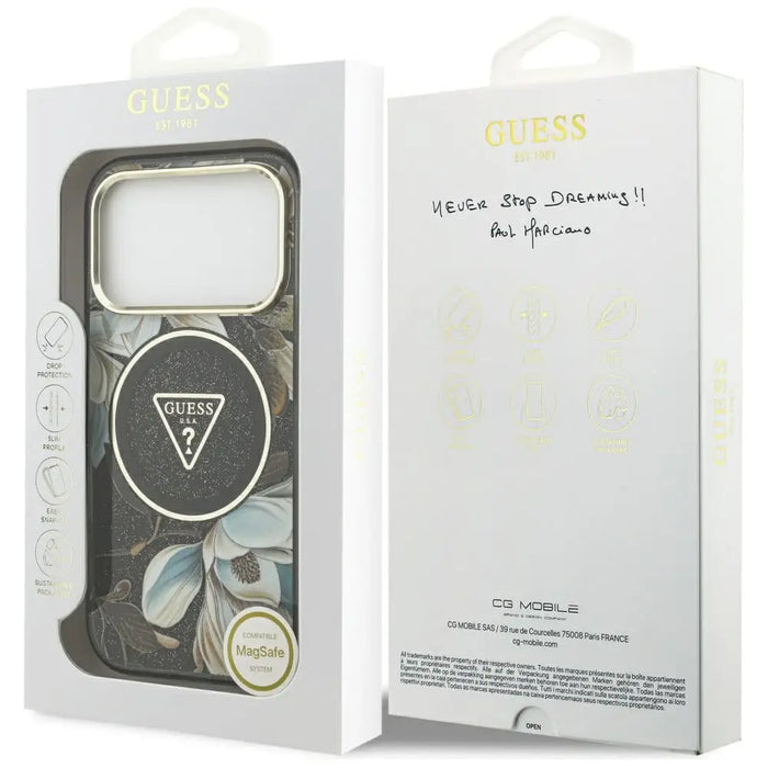 Калъф Guess IML Glitter Flowers Triangle MagSafe за iPhone