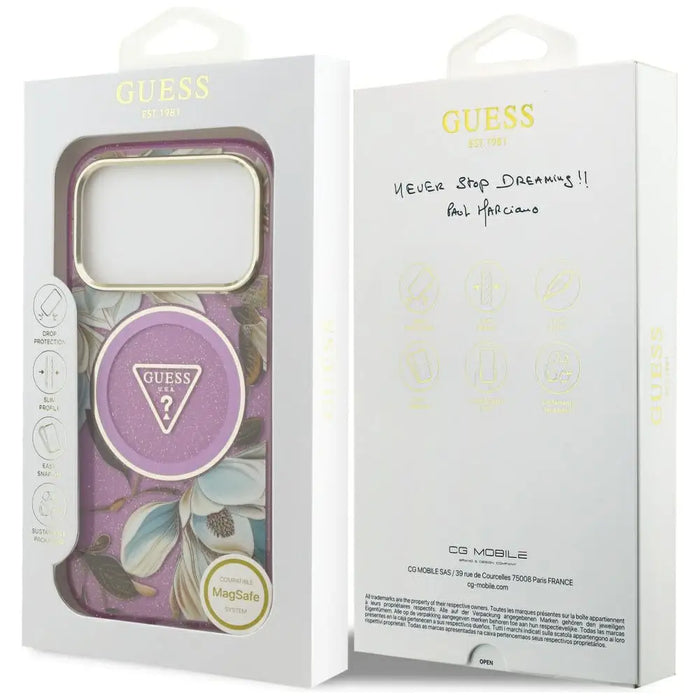 Калъф Guess IML Glitter Flowers Triangle MagSafe за iPhone