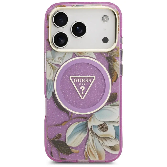 Калъф Guess IML Glitter Flowers Triangle MagSafe за iPhone
