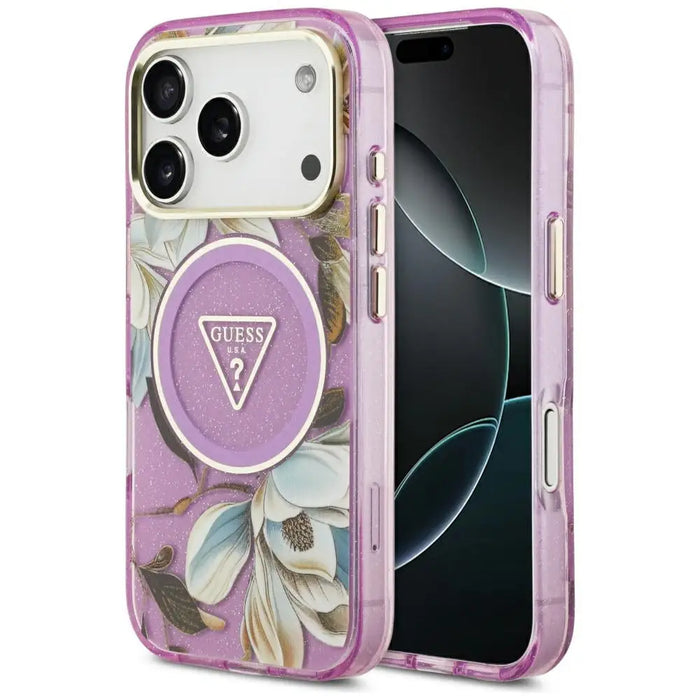 Калъф Guess IML Glitter Flowers Triangle MagSafe за iPhone