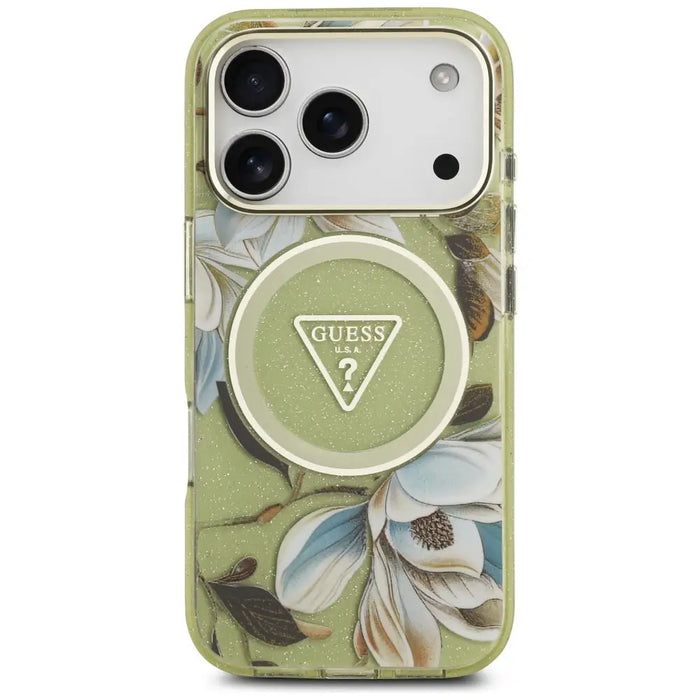Калъф Guess IML Glitter Flowers Triangle MagSafe за iPhone