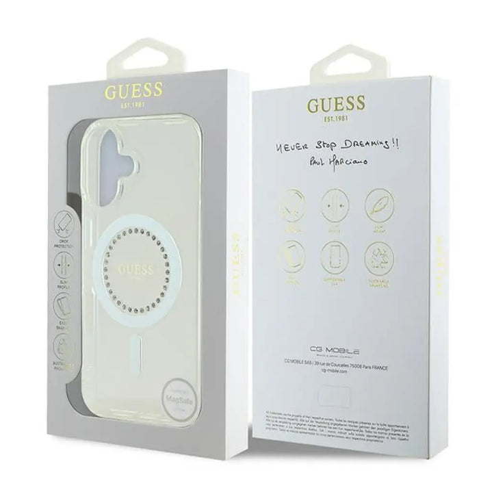 Калъф Guess IML Rhinestones MagSafe за iPhone 16 - бял
