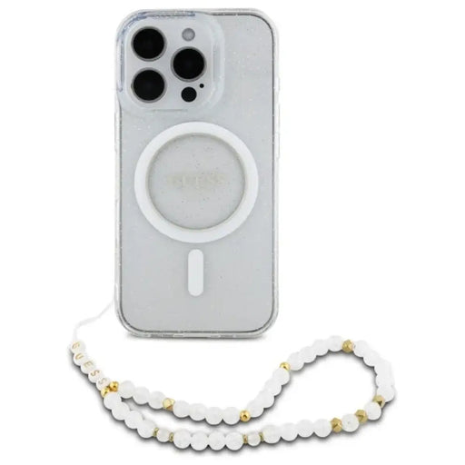 Калъф Guess IML с блясък и перлена каишка MagSafe за iPhone