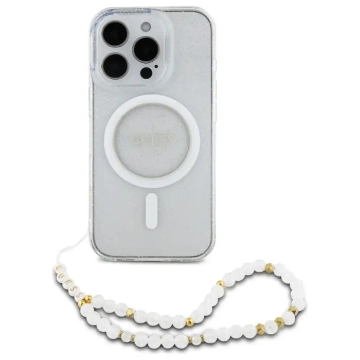 Калъф Guess IML с блясък и перлена каишка MagSafe за iPhone