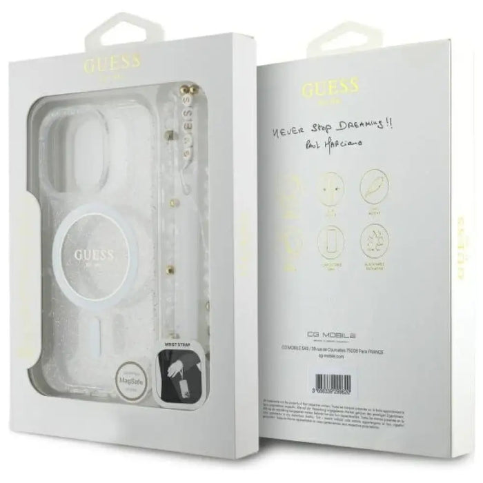 Калъф Guess IML с блясък и перлена каишка MagSafe за iPhone