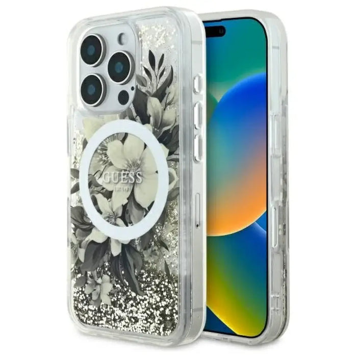 Калъф Guess Liquid Glitter Flower MagSafe за iPhone 16 Pro