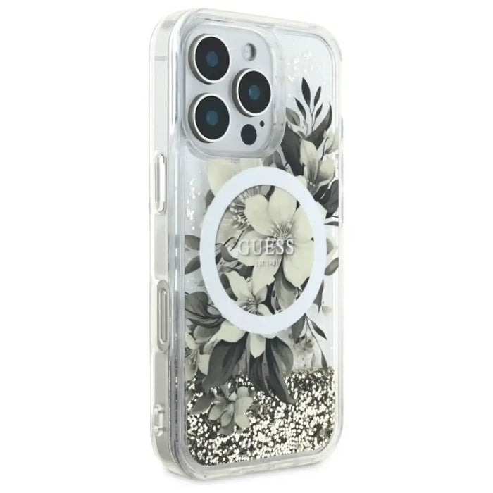 Калъф Guess Liquid Glitter Flower MagSafe за iPhone 16 Pro