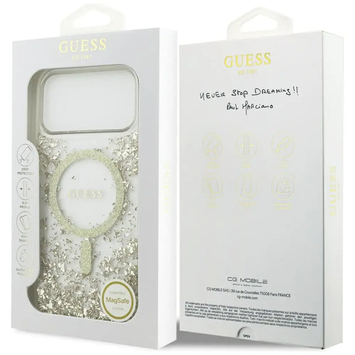 Калъф Guess MagSafe с брокат и откъснат слой за iPhone 17