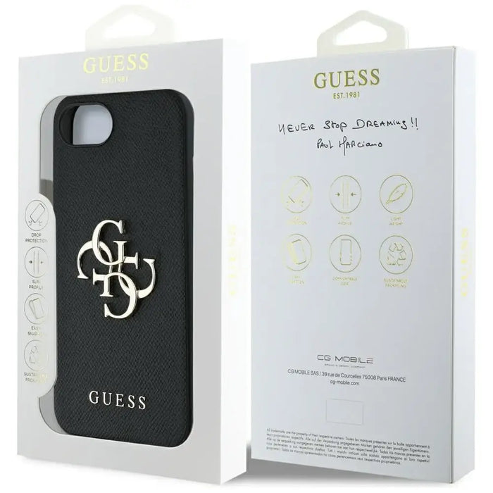 Калъф Guess PU Grained 4G Metal Logo за iPhone 16e - черен