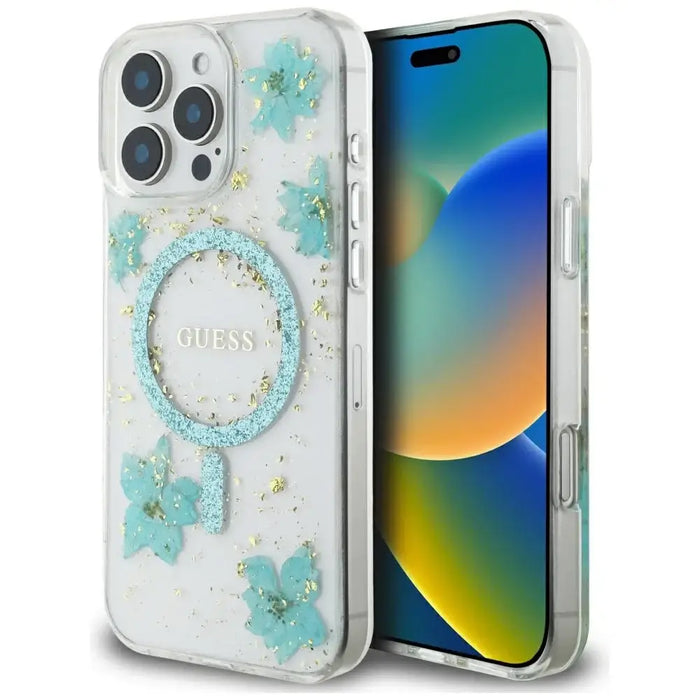 Калъф Guess Resin Flowers Glitter MagSafe за iPhone 16 Pro