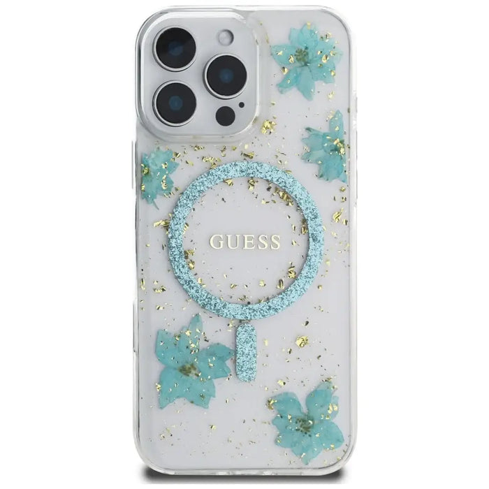Калъф Guess Resin Flowers Glitter MagSafe за iPhone 16 Pro