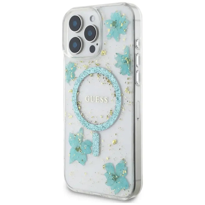 Калъф Guess Resin Flowers Glitter MagSafe за iPhone 16 Pro