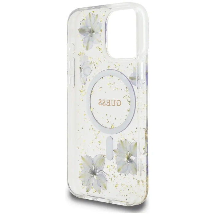 Калъф Guess Resin Flowers MagSafe за iPhone 16 Pro - лилав