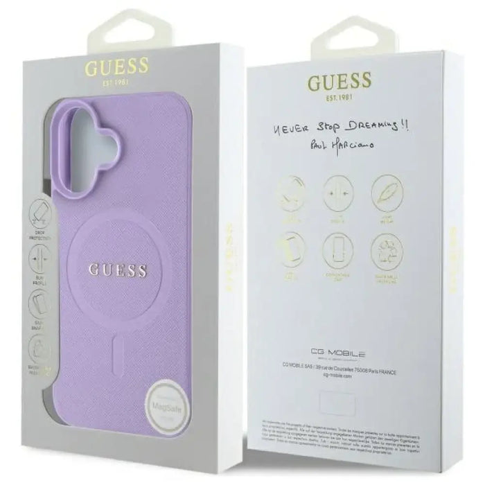 Калъф Guess Saffiano MagSafe за iPhone 16 - лилав