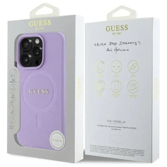 Калъф Guess Saffiano MagSafe за iPhone 16 Pro Max - лилав