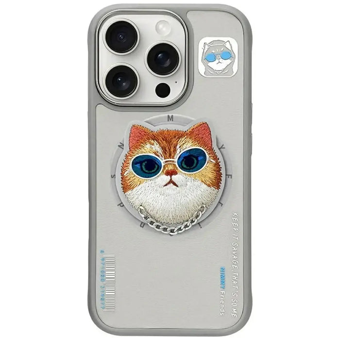 Калъф Nimmy Glasses Cool Cat MagSafe за iPhone 16 Pro - сив