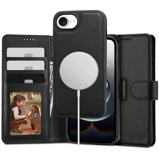 Калъф Tech-Protect Wallet MagSafe за iPhone 16e - черен мат