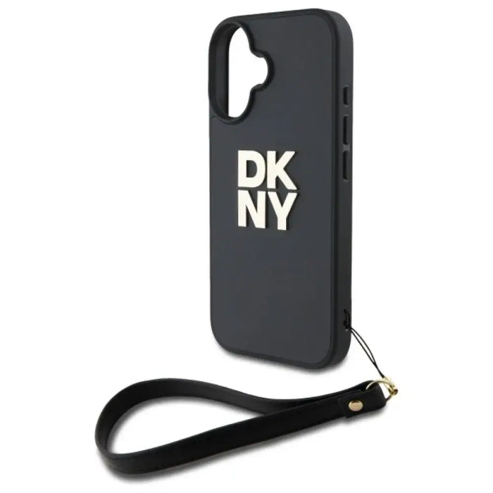 Калъф за iPhone 16 с лого и каишка на DKNY - черен