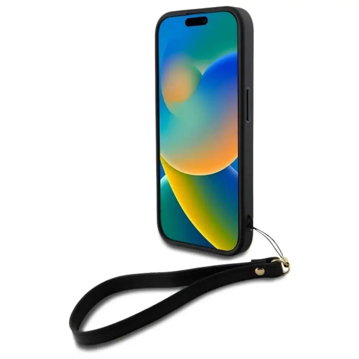 Калъф за iPhone 16 с лого и каишка на DKNY - черен