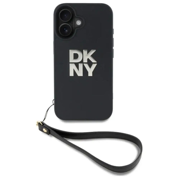 Калъф за iPhone 16 с лого и каишка на DKNY - черен