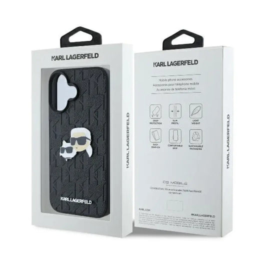 Калъф за iPhone 16 Plus с монограм Karl & Choupette - черен