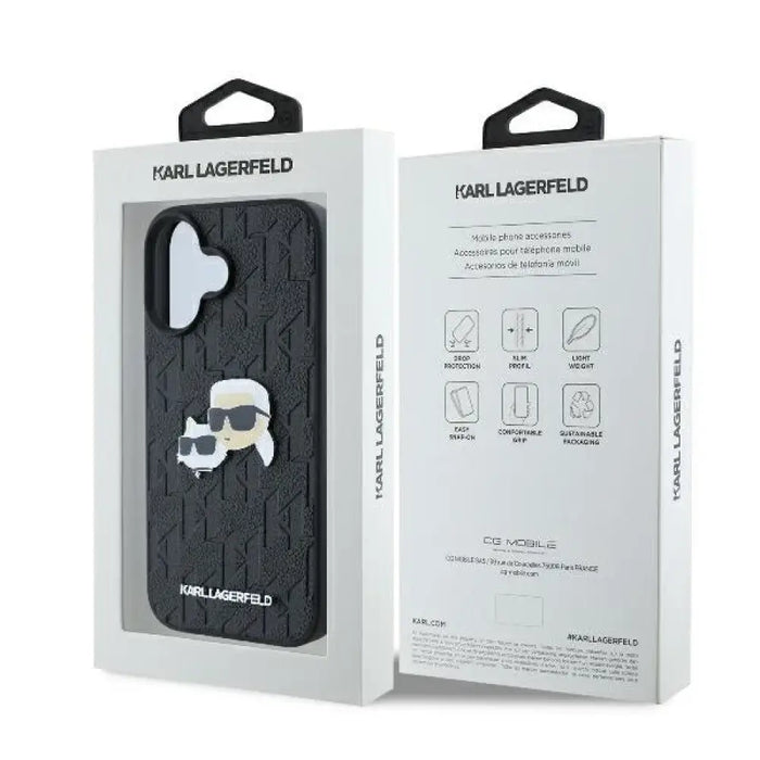 Калъф за iPhone 16 Plus с монограм Karl & Choupette - черен