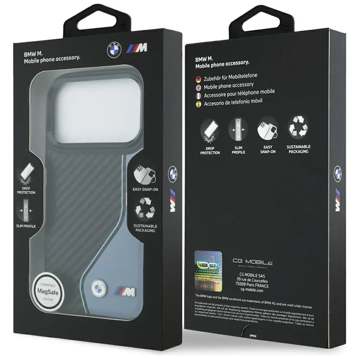 Калъф MagSafe с лого BMW M Carbon за iPhone 17 Pro - син