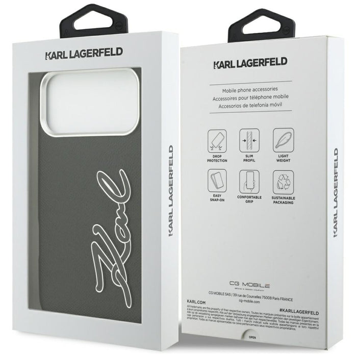 Кейс с лого на Karl Lagerfeld FW Grained Signature за iPhone 17 Pro Max - черен